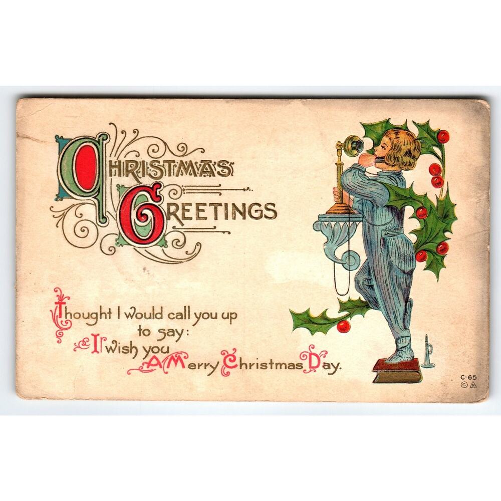 Vintage 1913 Christmas Greetings Postcard Boy on Phone Holly Design